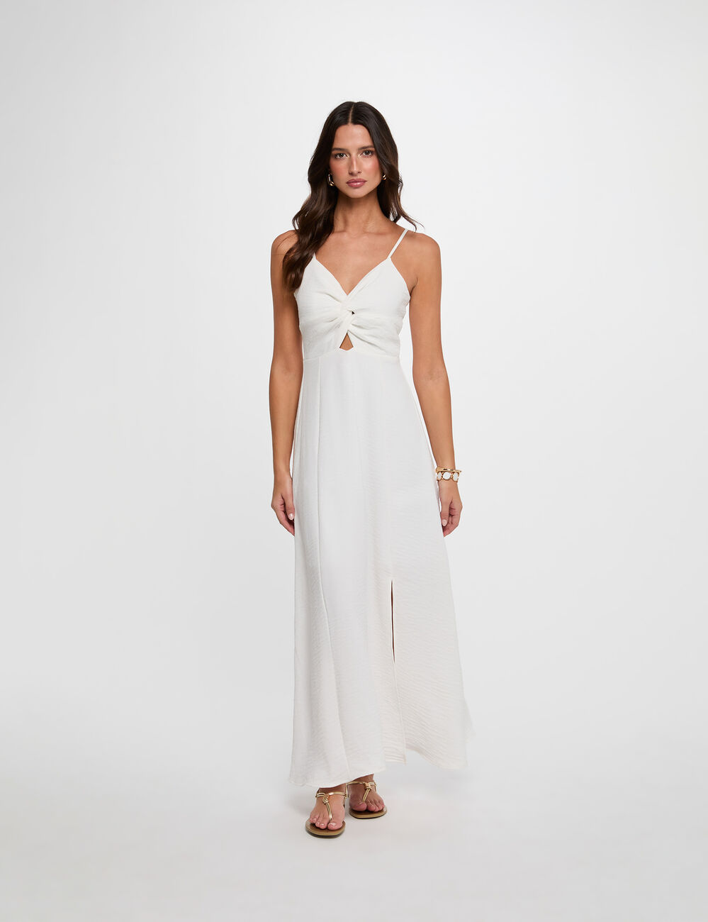 Vestido largo con cuello en V blanco mujer