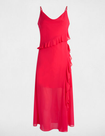 Vestido midi ajustado volantes rosado fucsia mujer