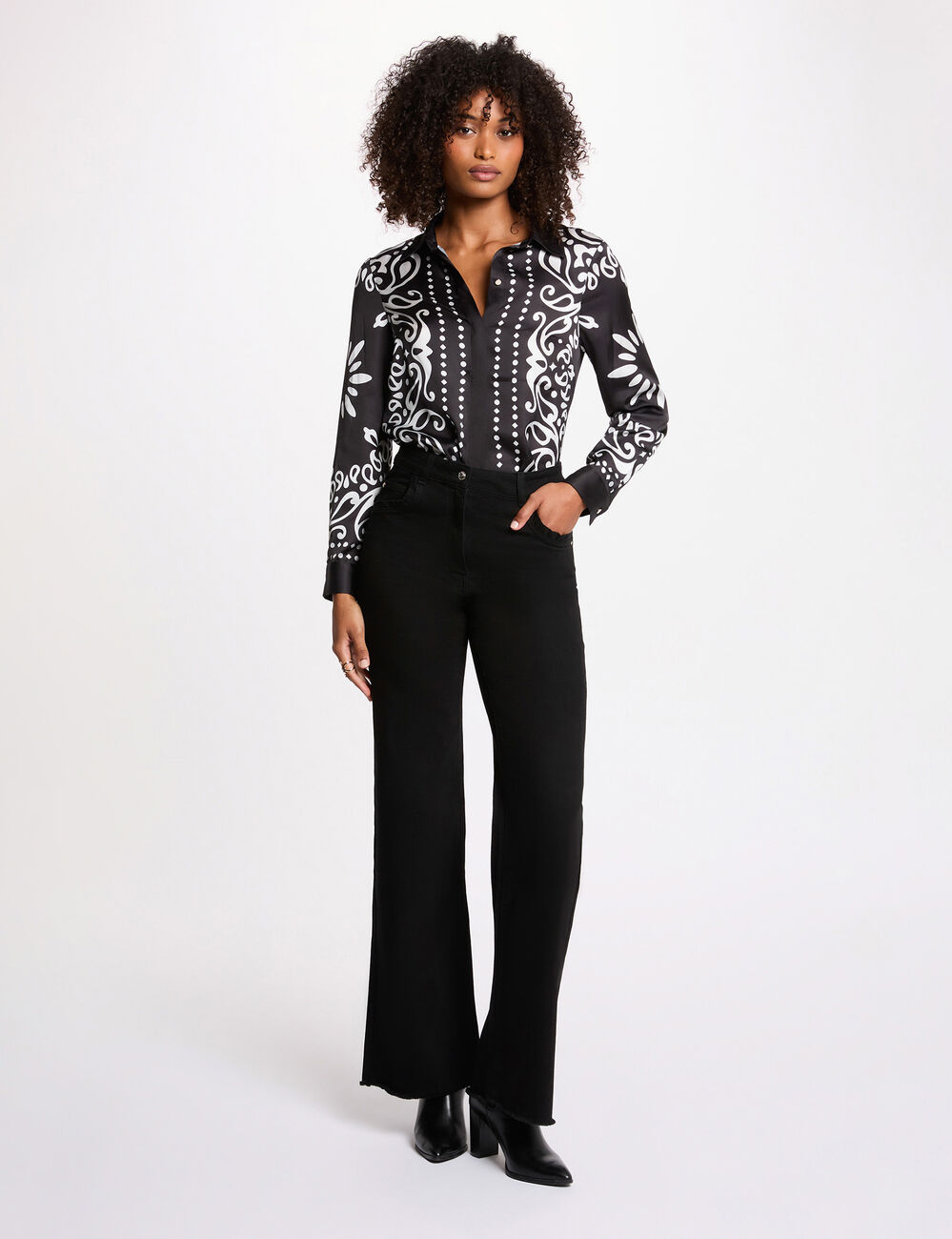 Camisa fluida estampada negro mujer