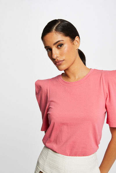 Camiseta manga corta con hombreras rosa mujer