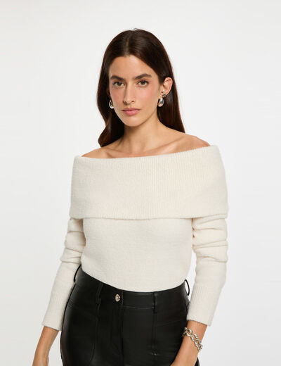 Jersey con cuello bardot marfil mujer