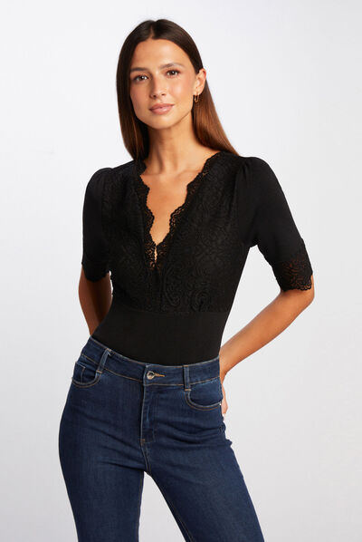 Jersey manga corta con encaje negro mujer