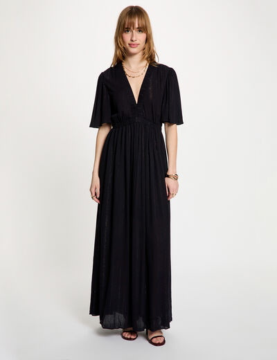 Vestido largo con cuello en V azul marino mujer