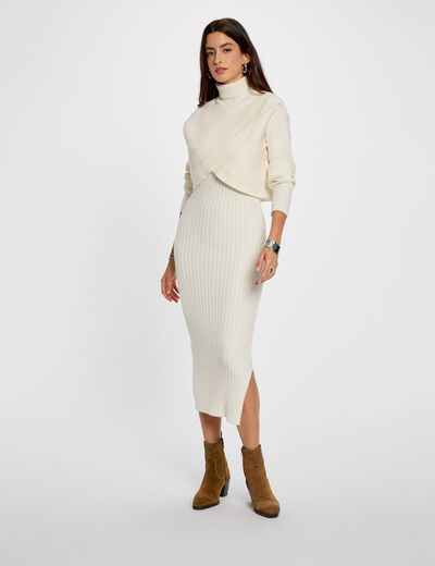 Vestido de punto con cuello alto marfil mujer