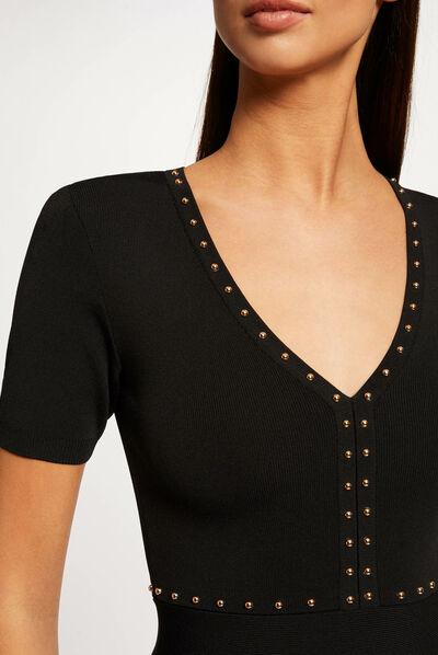Vestido de punto ajustado con tachuelas negro mujer