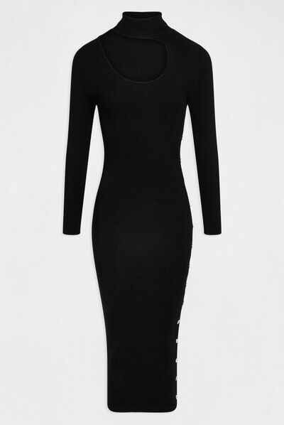 Vestido de punto midi ajustado abertura negro mujer