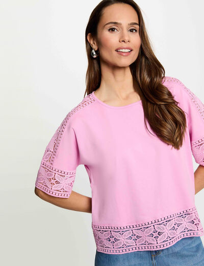 Camiseta de encaje cuello redondo rosa mujer