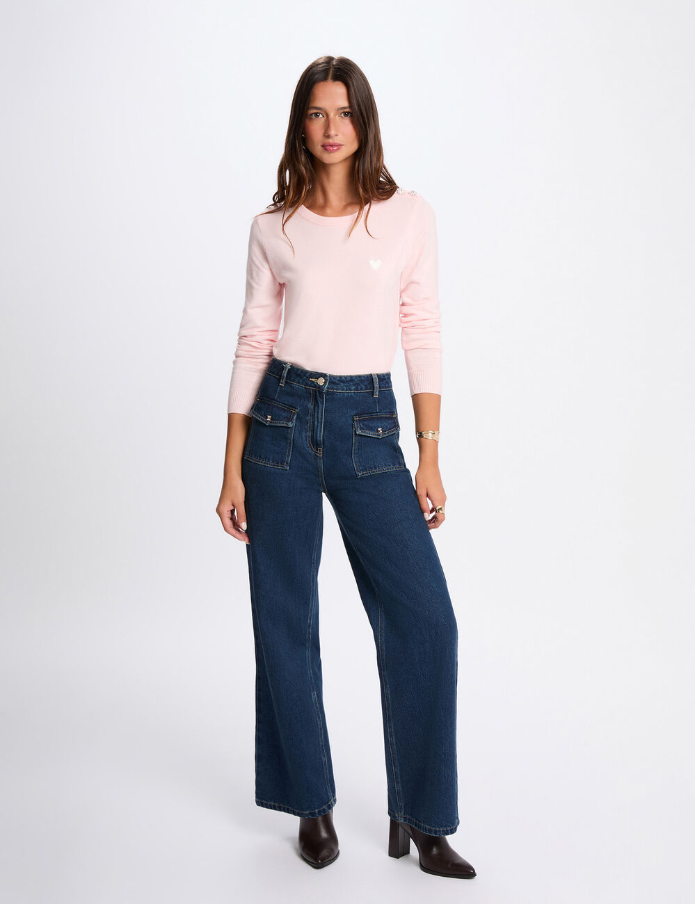 Jersey cuello redondo botones rosa claro mujer