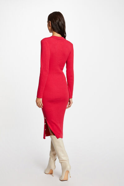 Vestido de punto ajustado con botones fucsia mujer