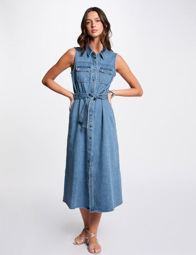 Vestido midi evasé vaquero denim stone mujer