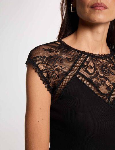 Camiseta de encaje con cuello redondo negro mujer