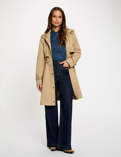 Parka larga con cuello alto beige mujer