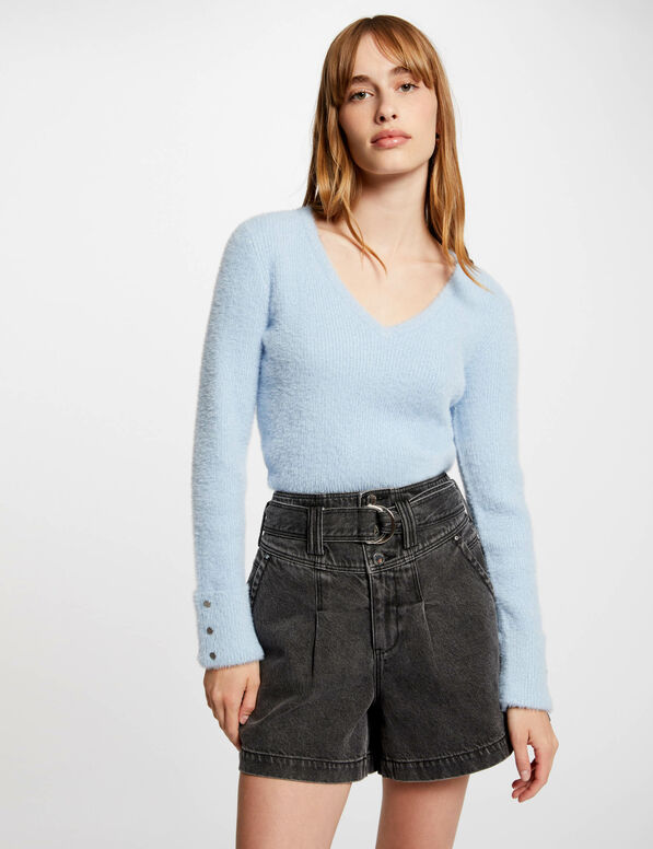 Jersey manga larga con escote en V azul mujer
