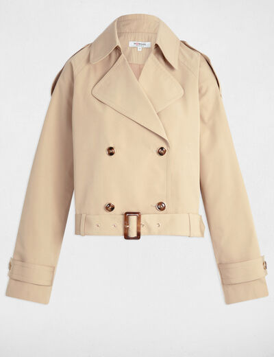 Gabardina corta con cinturón beige mujer