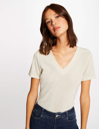Camiseta manga corta con escote en V marfil mujer