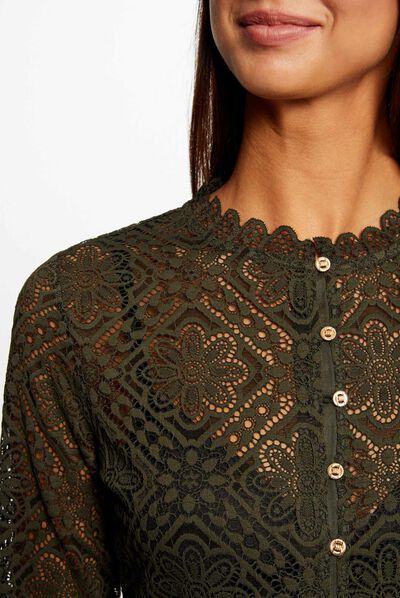Camiseta manga larga de encaje verde oscuro mujer