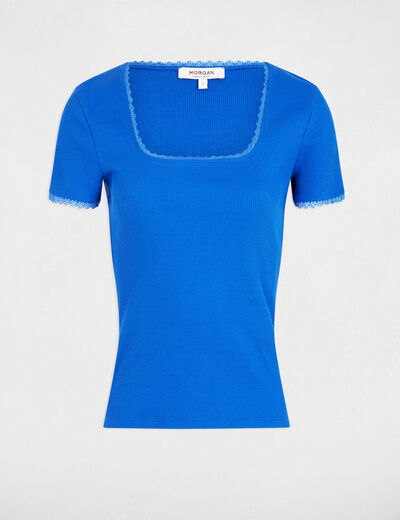 Camiseta acanalada manga corta azul eléctrico mujer