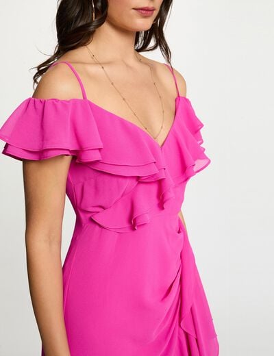 Vestido midi recto volantes rosa frambuesa mujer