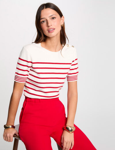Jersey manga corta y rayas marfil mujer