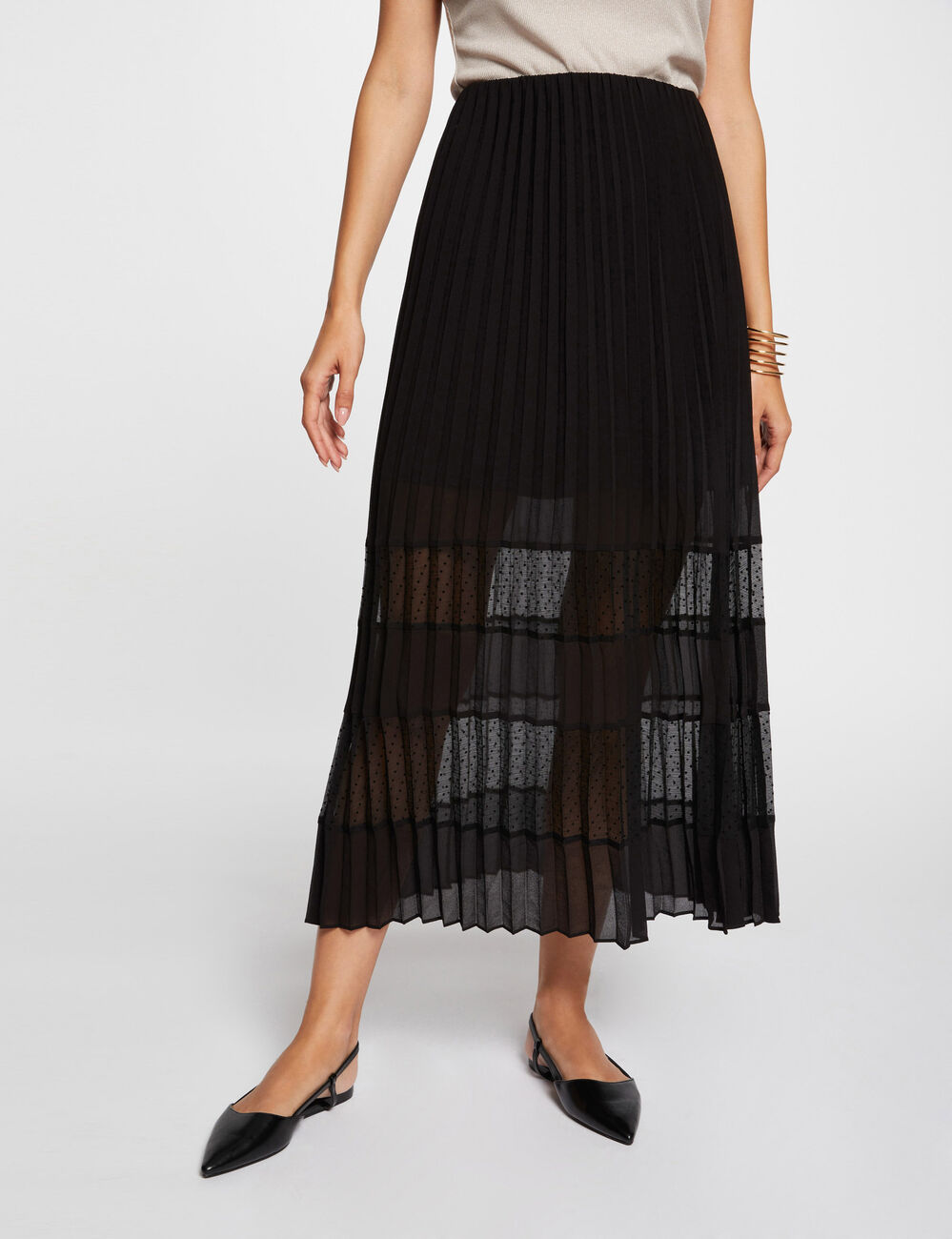 Falda midi evasé plisada negro mujer