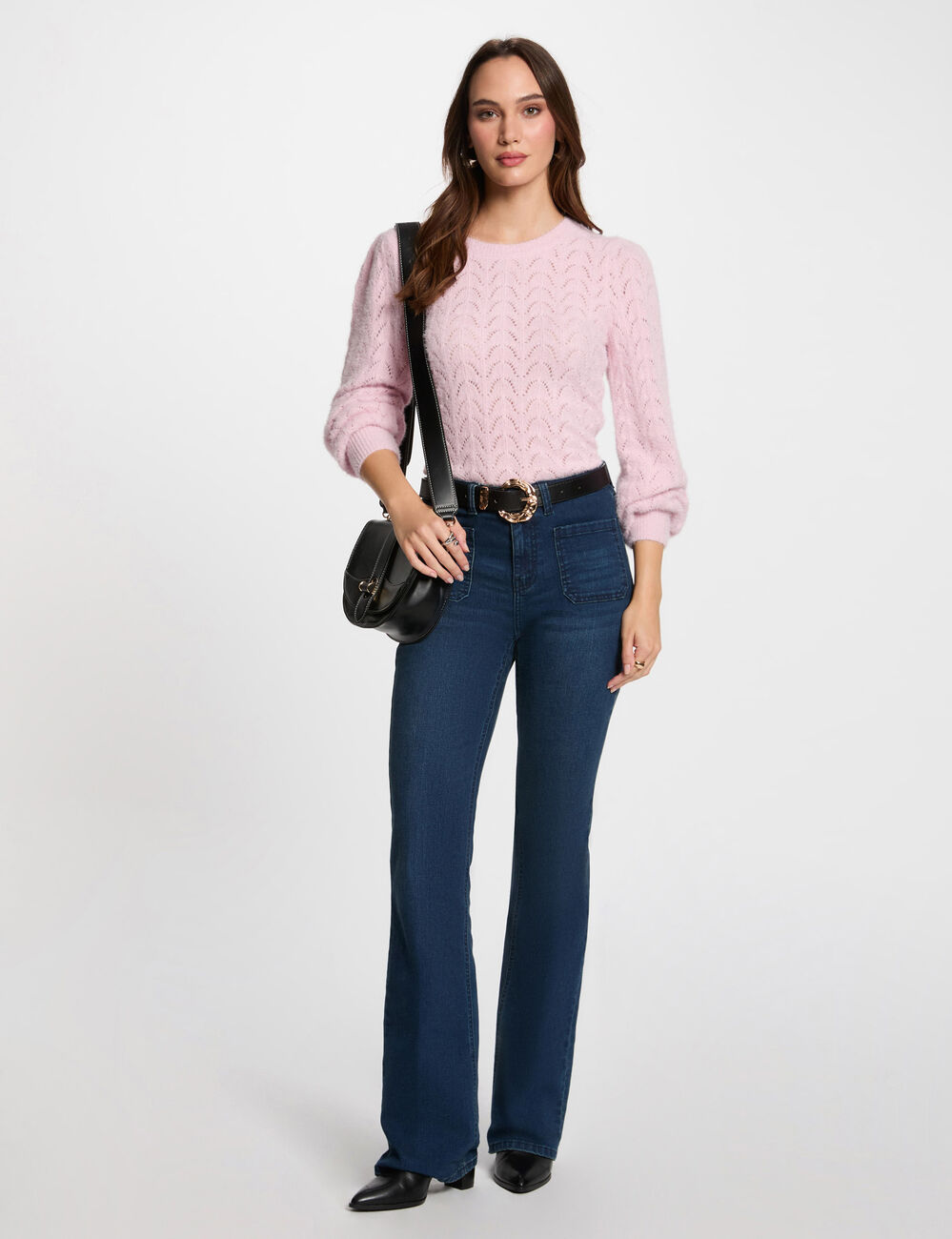 Jersey calado cuello redondo rosa pastel mujer