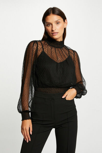 Camiseta manga larga con plumeti negro mujer