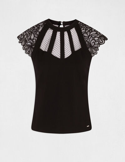 Camiseta manga corta con encaje negro mujer