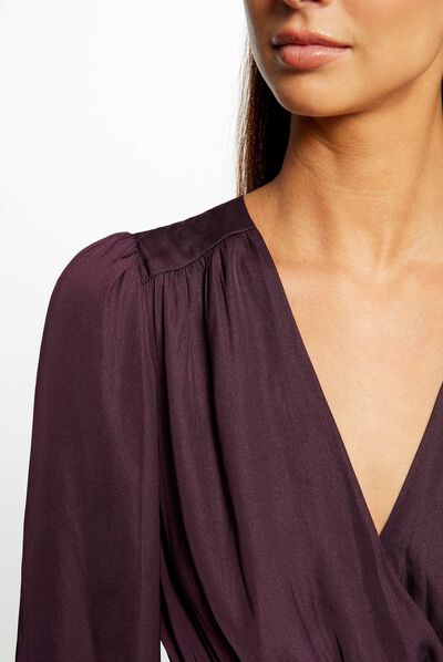 Vestido midi cruzado de satén ciruela mujer