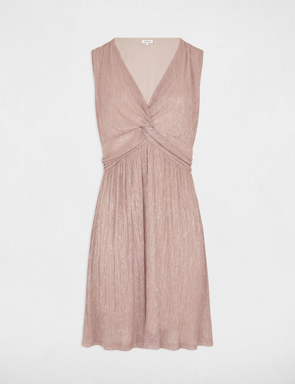Vestido plisado con cuello en V marr&oacute;n oscuro mujer