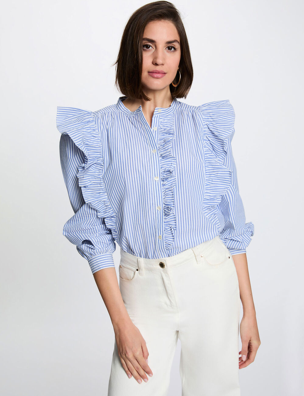 Camisa de rayas con cuello mao azul cielo mujer