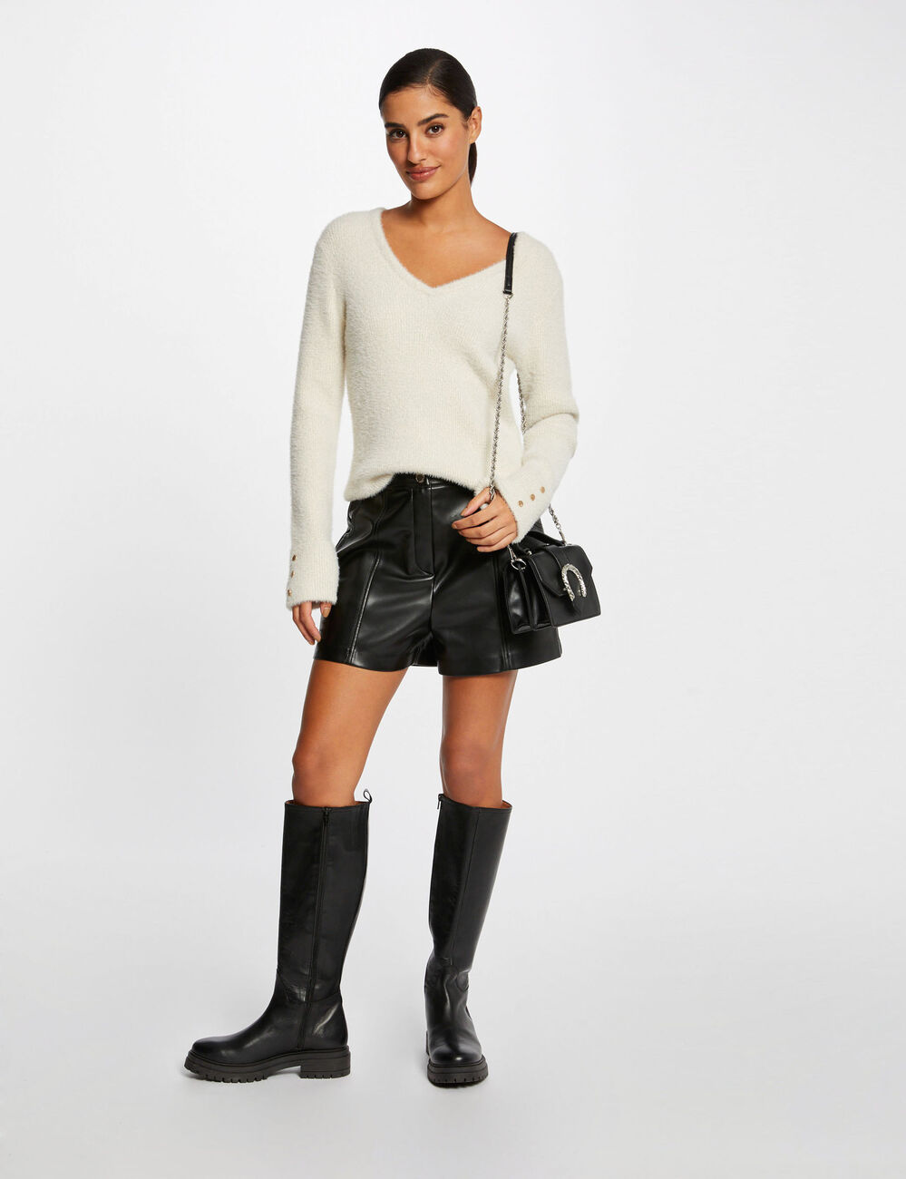 Jersey de cuello en V metalizado marfil mujer
