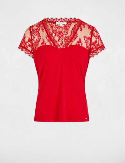 Camiseta manga corta con encaje rojo mujer
