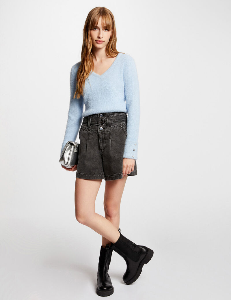 Jersey manga larga con escote en V azul mujer