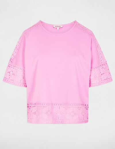 Camiseta de encaje cuello redondo rosa mujer