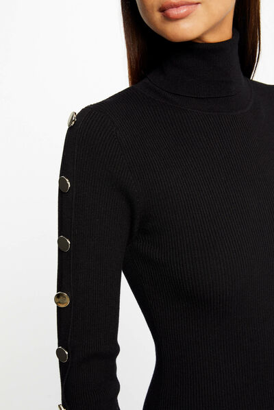 Vestido punto ajustado cuello de tortuga negro mujer