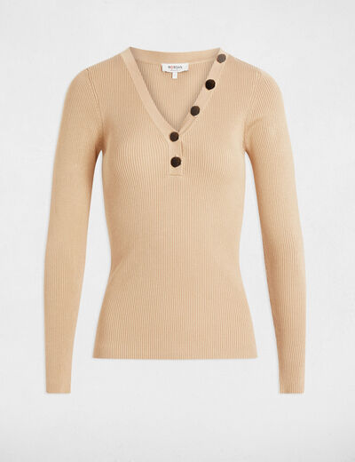 Jersey de manga larga punto fino botones marron clair mujer