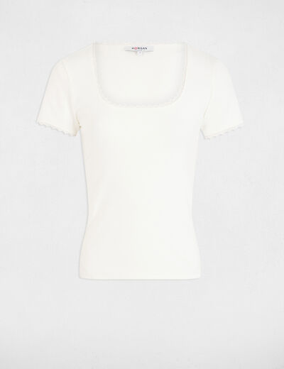 Camiseta acanalada manga corta marfil mujer