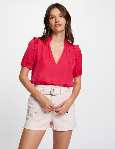 Blusa escote en V y volantes frambuesa mujer