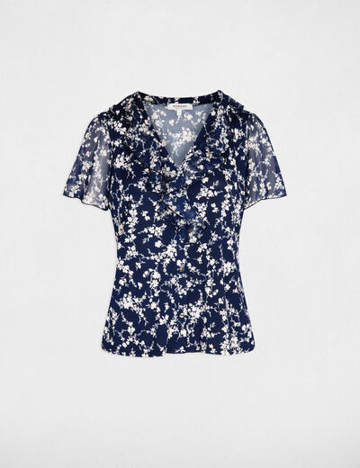 Blusa de gasa con cuello en v azul marino mujer