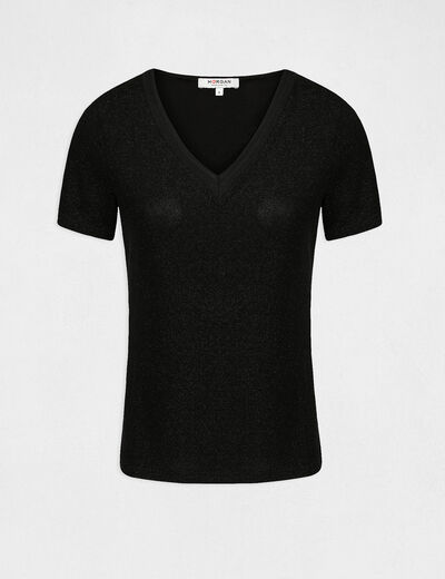 Camiseta manga corta con escote en V negro mujer