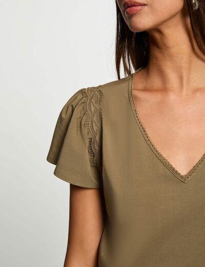 Camiseta con cuello en v y volantes verde caqui mujer