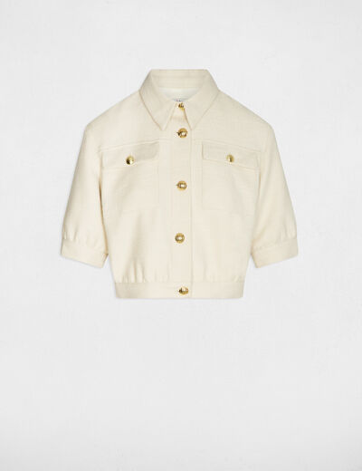 Chaqueta de tweed manga corta arena mujer