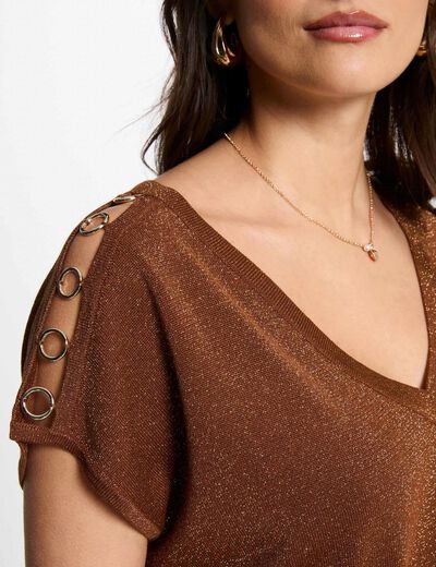 Jersey escote en V manga corta marrón coñac mujer