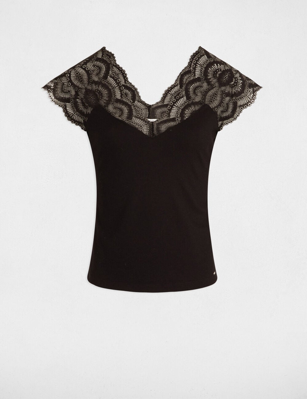 Camiseta de encaje con cuello en v negro mujer