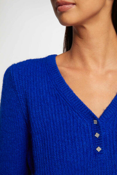 Jersey manga larga con escote en V azul eléctrico mujer