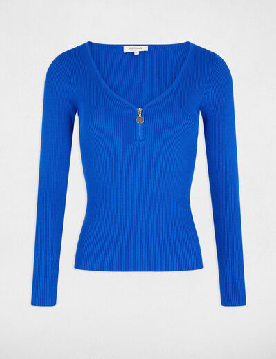 Jersey manga larga acanalado azul mujer