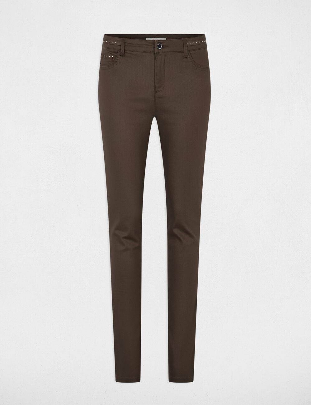 Pantal&oacute;n slim efecto mojado topo mujer