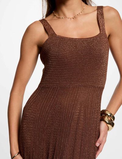 Vestido punto largo recto marrón coñac mujer