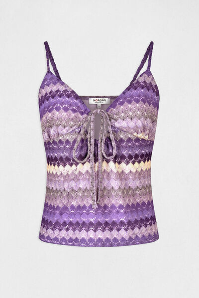 Top escote en V efecto ganchillo morado mujer