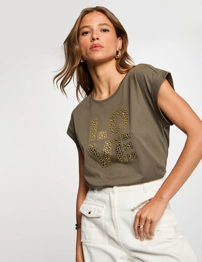 Camiseta con mensaje verde caqui mujer